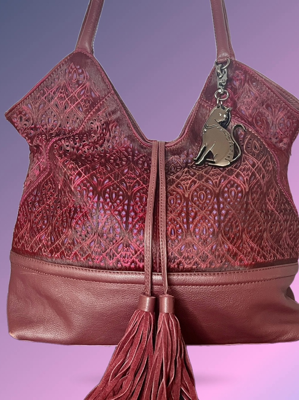 Sharif Red Laser Cut Calf Hair w/ Tassels & Egyptian Cat Shoulder Bag
